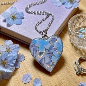 Ethereal Blue Blossom Heart Resin Pendant